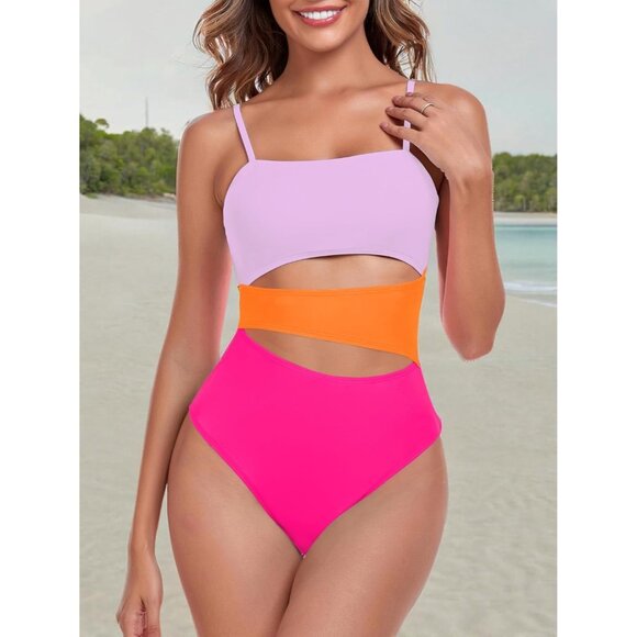 🆕Women Purple Orange Hot Pink Polyamide Geometric Cutout Bandeau One Piece Swim - Picture 7 of 7
